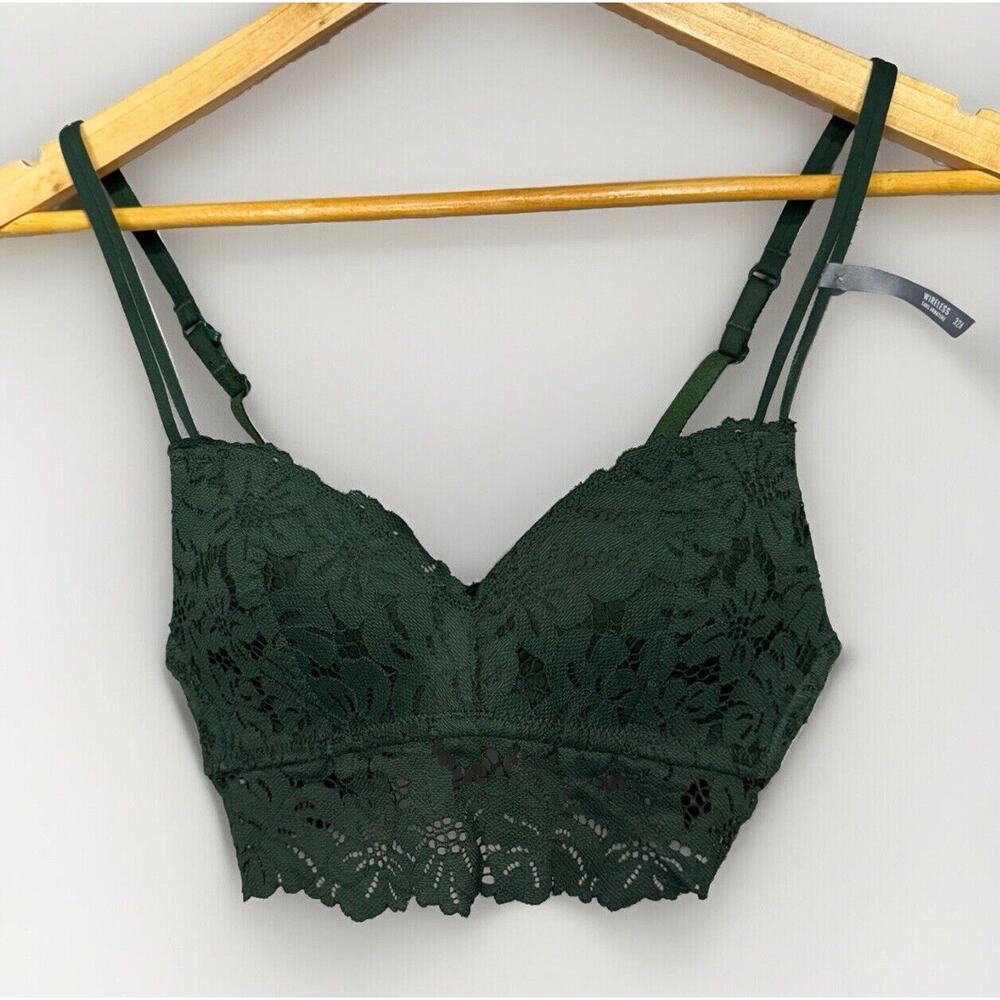 Aerie Real Happy Wireless Bra Green Lace Trim Size 34A - Picture 1 of 7